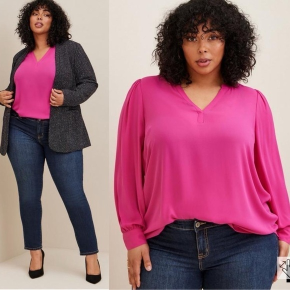 New Torrid Harper Georgette Pullover Puff Sleeve Blouse in Fuchsia Size 0 Large - Picture 1 of 10